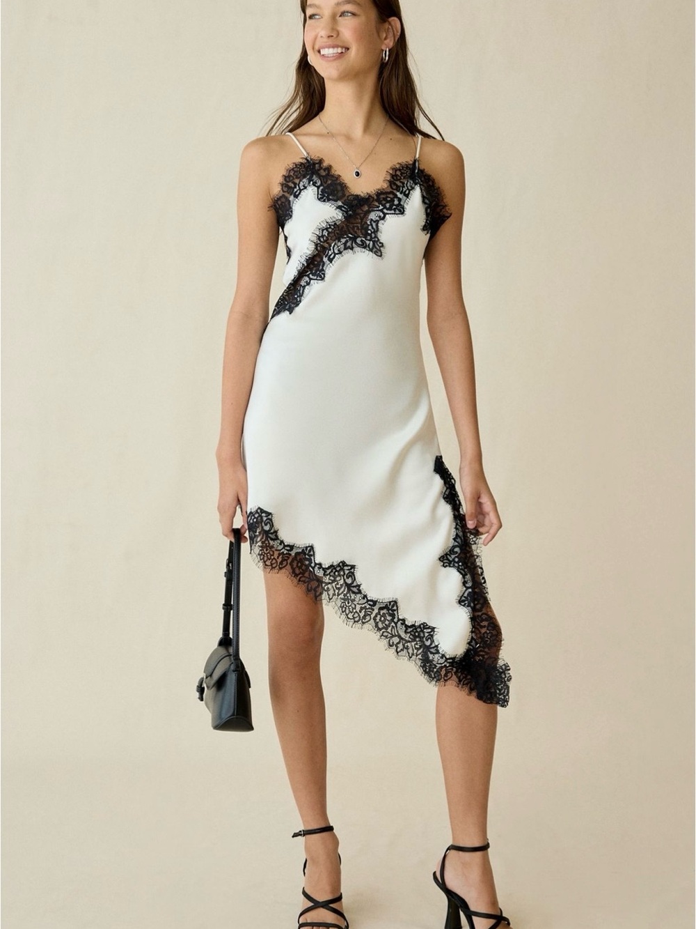 Lioness Emerging Lace Trim Asymmetrical Slip Midi Dress
